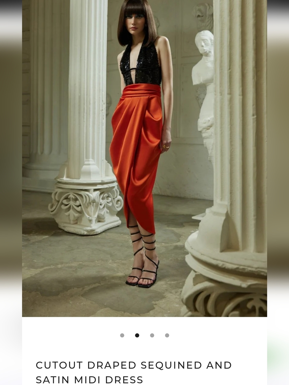 💰Rasario Plunging Cutout Sequin Draped Satin Midi Dress.